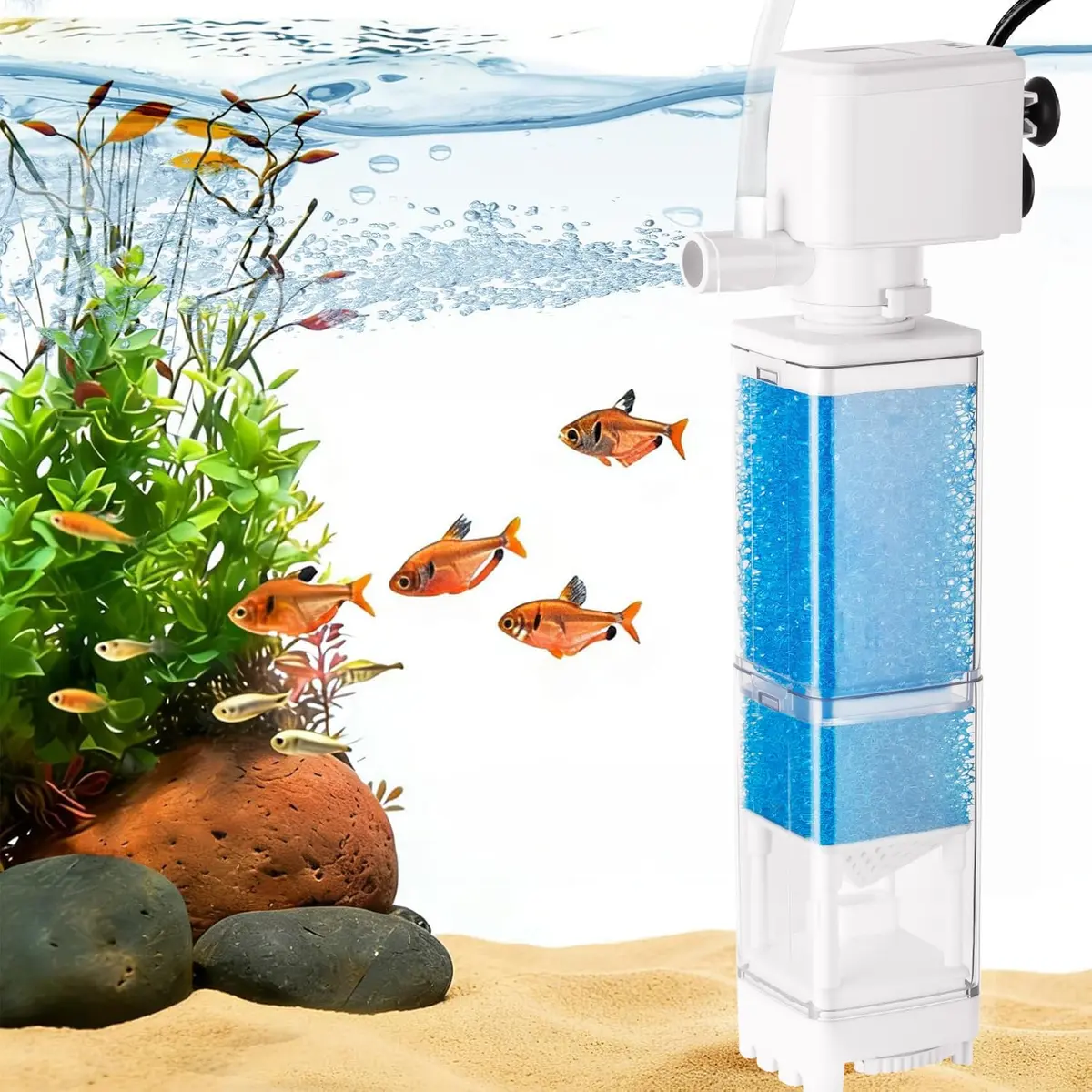 Filtro para Aquário Pequeno 10W 600L/H Filtragem, Oxigenação, Bomba Geradora de Ondas com Função de Sucção de Resíduos para Aquários <35 cm