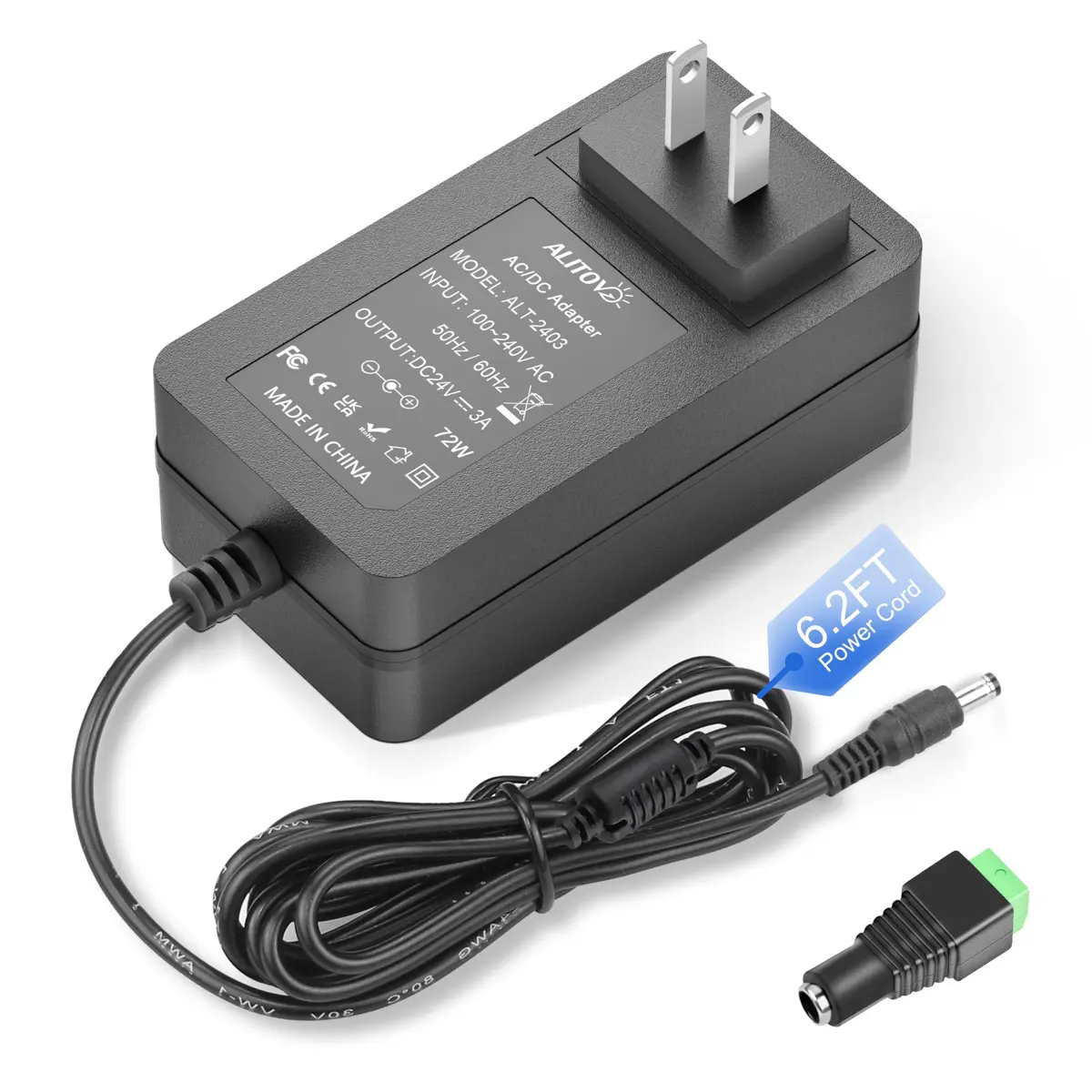 ALITOVE Fonte de alimentação 24V 3A 72W Adaptador CA Cabo de alimentação 100-240V 50-60Hz para DC 24 Volt 3 Amp Transformer 2A 1A Conversor com cilindro CC de 5,5 x 2,1 mm para módulo de fita de LED - 1