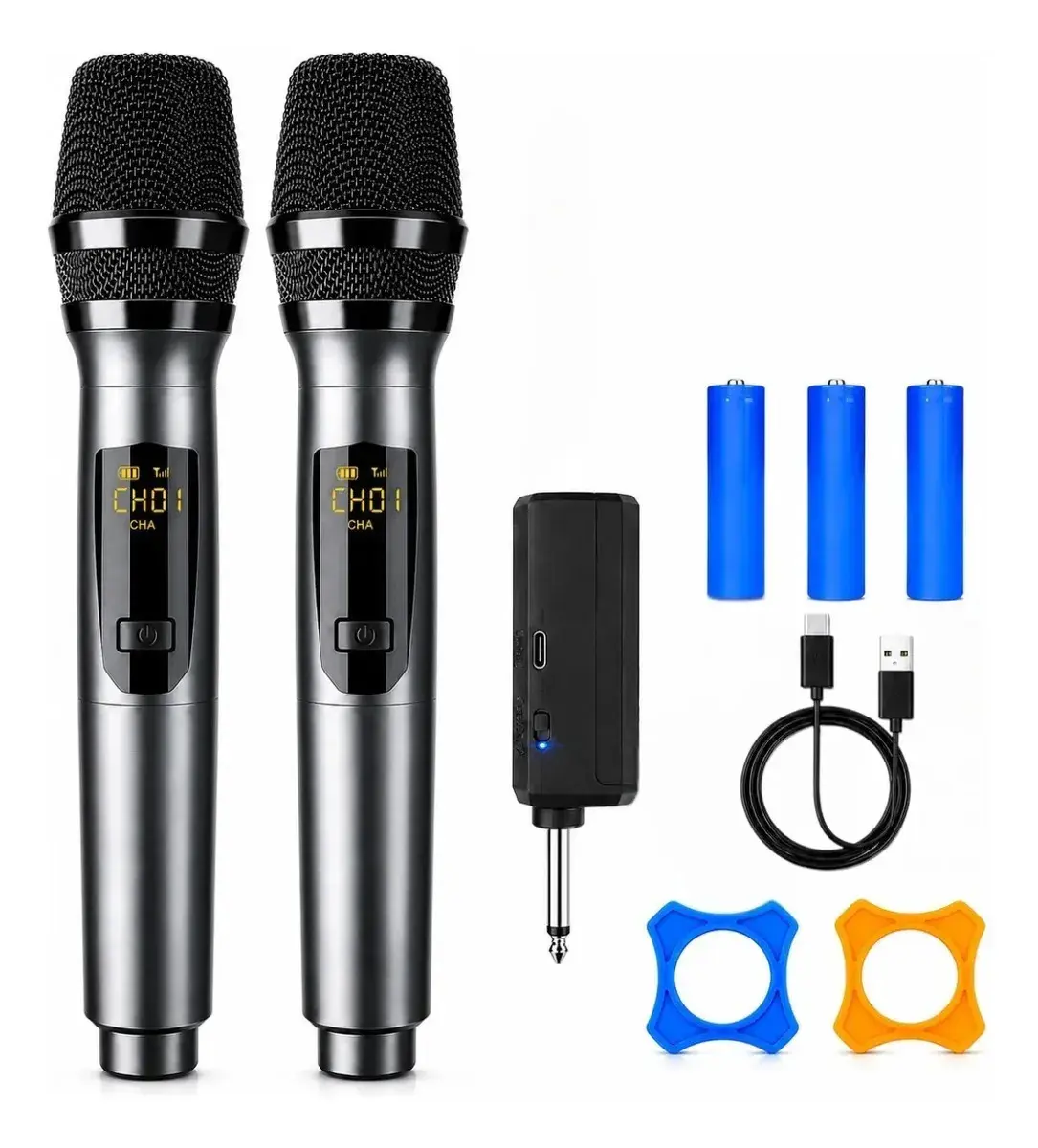 Microfone Sem Fio Duplo UHF Profissional Preto Recarregável Led Karaokê Palestras Shows Igrejas Apresentações Mzcell - 1