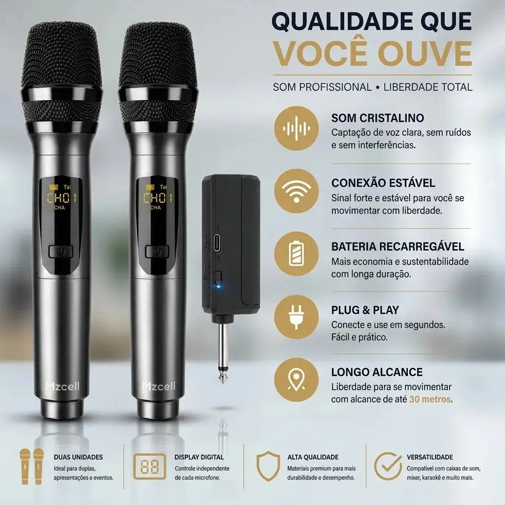 Microfone Sem Fio Duplo UHF Profissional Preto Recarregável Led Karaokê Palestras Shows Igrejas Apresentações Mzcell thumbnail 2