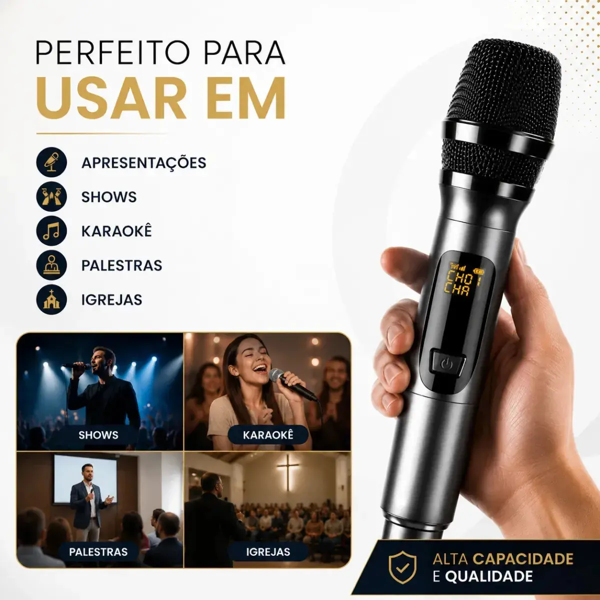 Microfone Sem Fio Duplo UHF Profissional Preto Recarregável Led Karaokê Palestras Shows Igrejas Apresentações Mzcell thumbnail 4