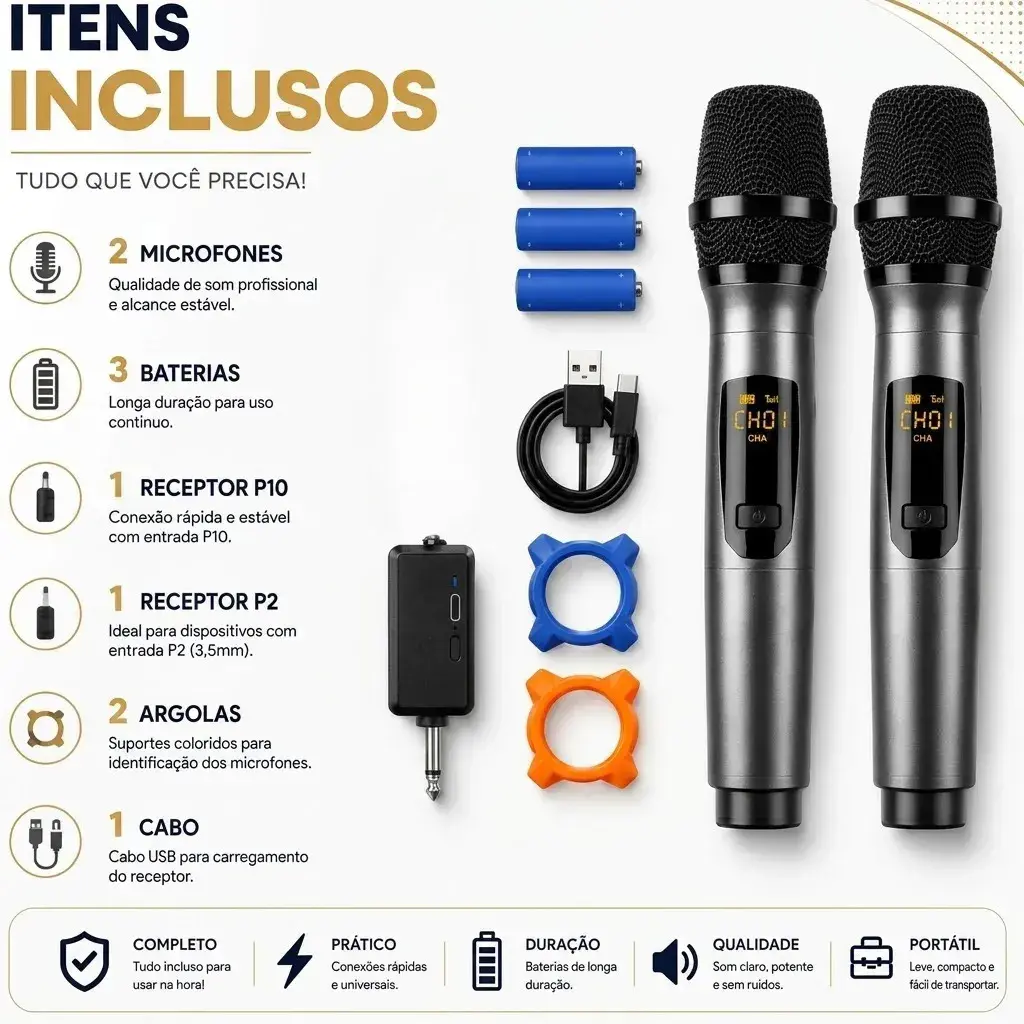 Microfone Sem Fio Duplo UHF Profissional Preto Recarregável Led Karaokê Palestras Shows Igrejas Apresentações Mzcell thumbnail 6