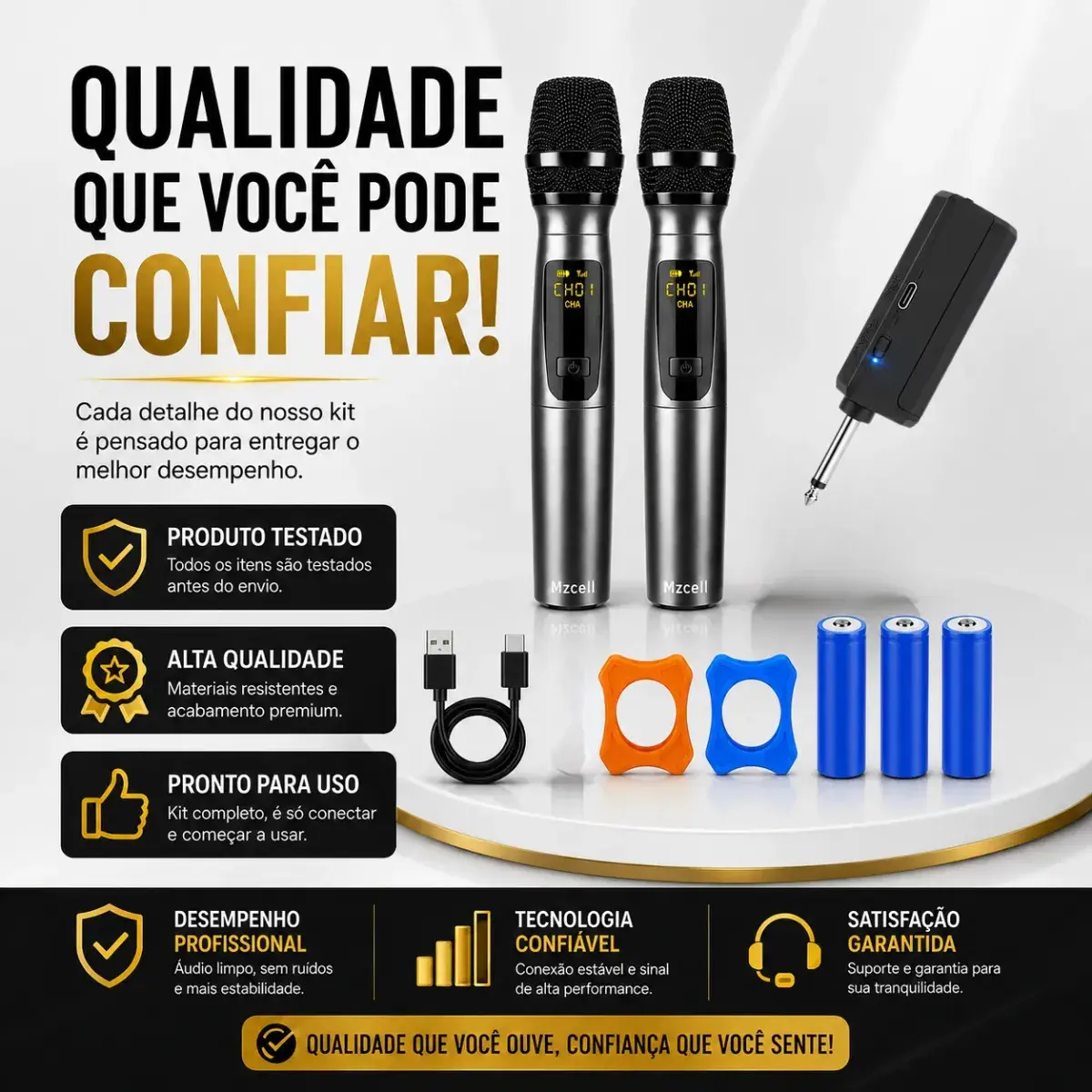 Microfone Sem Fio Duplo UHF Profissional Preto Recarregável Led Karaokê Palestras Shows Igrejas Apresentações Mzcell thumbnail 8