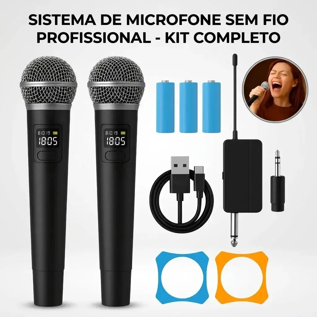 Microfone Sem Fio Duplo UHF Profissional Preto Recarregável Led Karaokê Palestras Shows Igrejas Apresentações Mzcell thumbnail 10