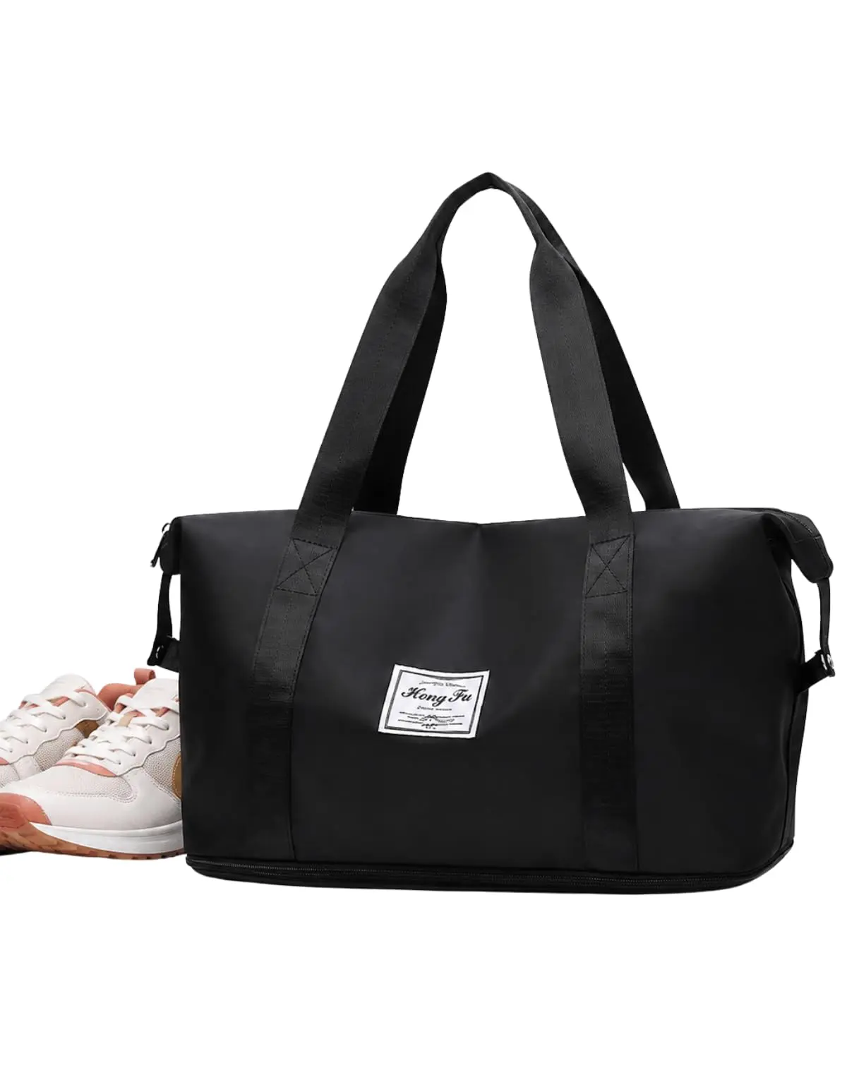 Bolsa Dobravel Expansivel Oxford Impermeavel Viagem Academia Tote Bag Compartimento Tenis Roupas Molhadas Alca e Tiracolo Mao Reforcada Removivel Grande Espacosa Presente Feminina Moderna (Preto)