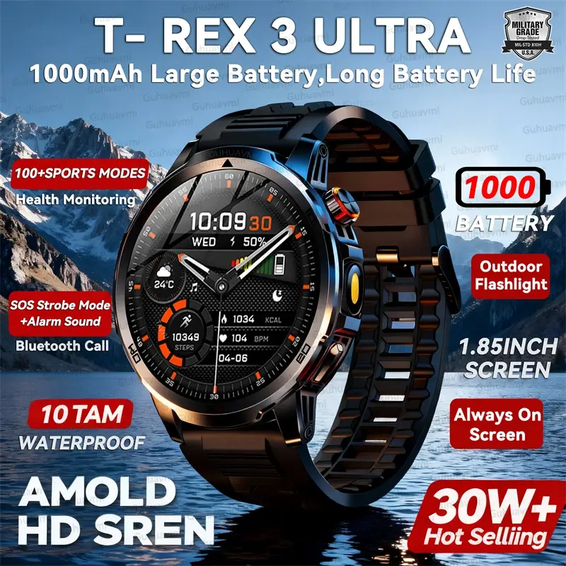 2026 militar t-rex 3 relógio inteligente relógio de fitness masculino 466*466 tela amoled 1000mah bateria lanterna chamada à prova dwaterproof água smartwatchs