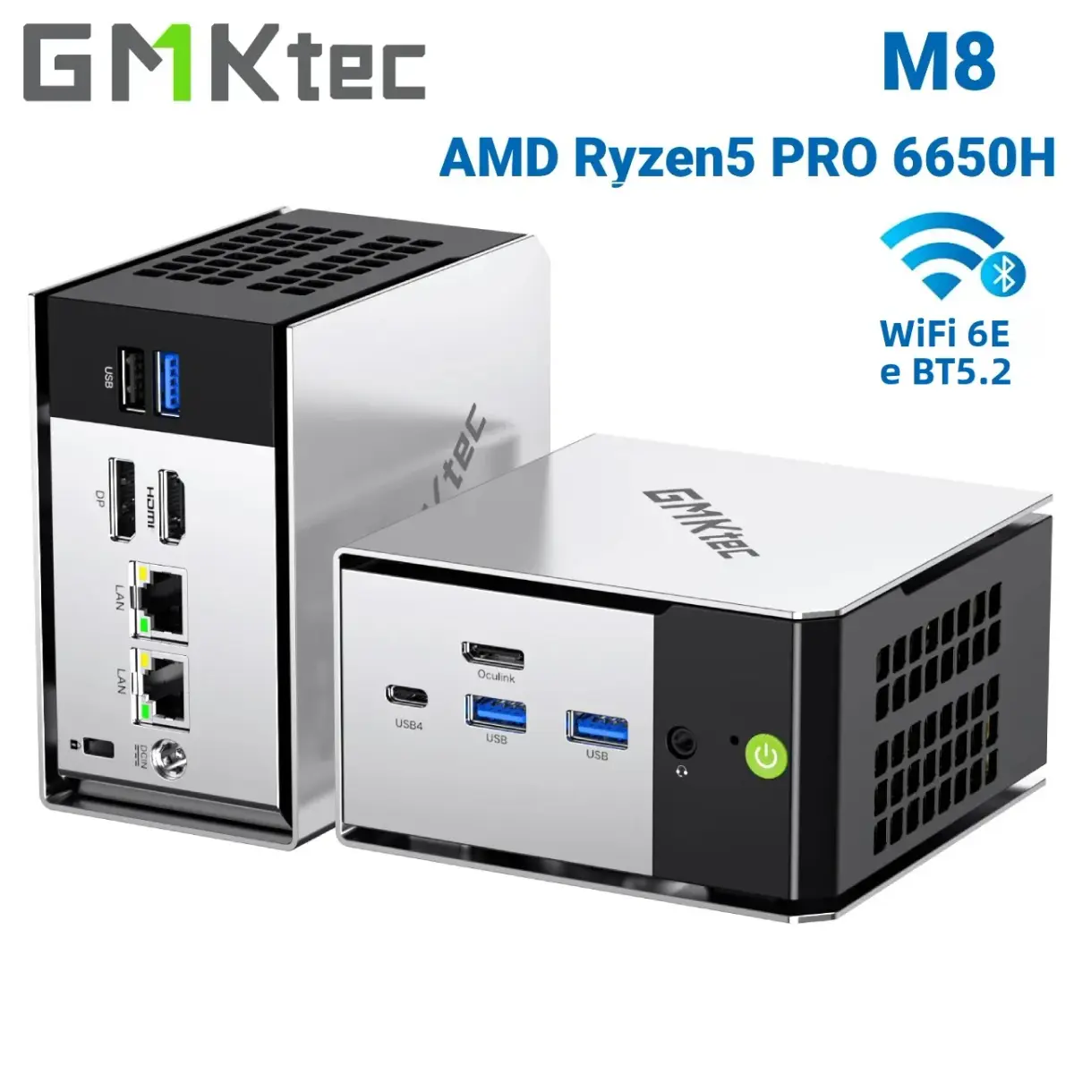 GMKtec M8 Mini PC AMD Ryzen 5 PRO 6650H 16GB RAM SEM SSD SEM OS Computadores de Mesa Mini Triplo Display 4K, WiFi 5.2, BT 6E, USB-C, DP