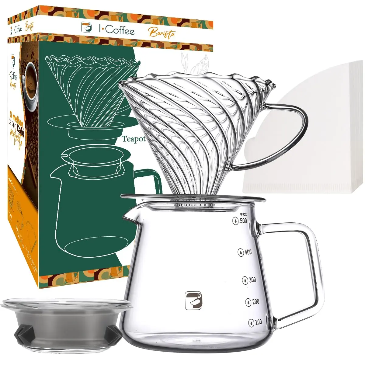 Kit Cafeteira V02 Conjunto Passador de Café Coador Jarro Vidro | Inclui Filtro Papel Tamanho 02 50 Folhas com Filtro de Gotejamento,Adequado para 3-4 Pessoas, Grande Capacidade