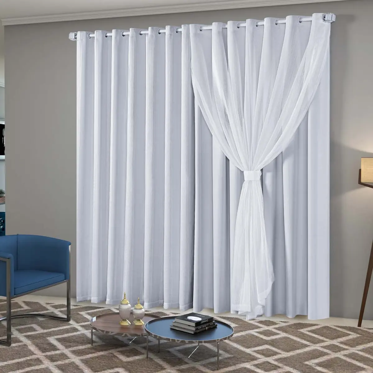 Cortina Sala Quarto Blecaute 2,80m Larg. x 2,50m Alt. Inovi, Branco | Blackout 100%, Forro em PVC, Linho Trabalhado, Com Abraçadeiras