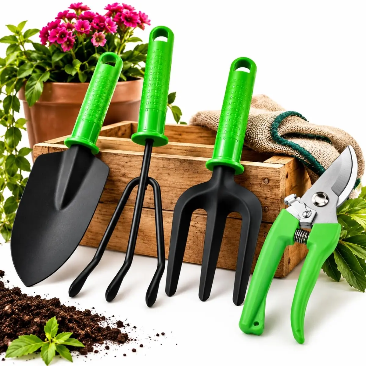 Kit de Jardinagem 4 Peças com Pá Garfo Rastelo e Tesoura para Podar Premium | Cabo em PP Verde, Pá, Rastelo e Garfo em Aço Carbono, Tesoura 7 Polegadas em Aço Inox