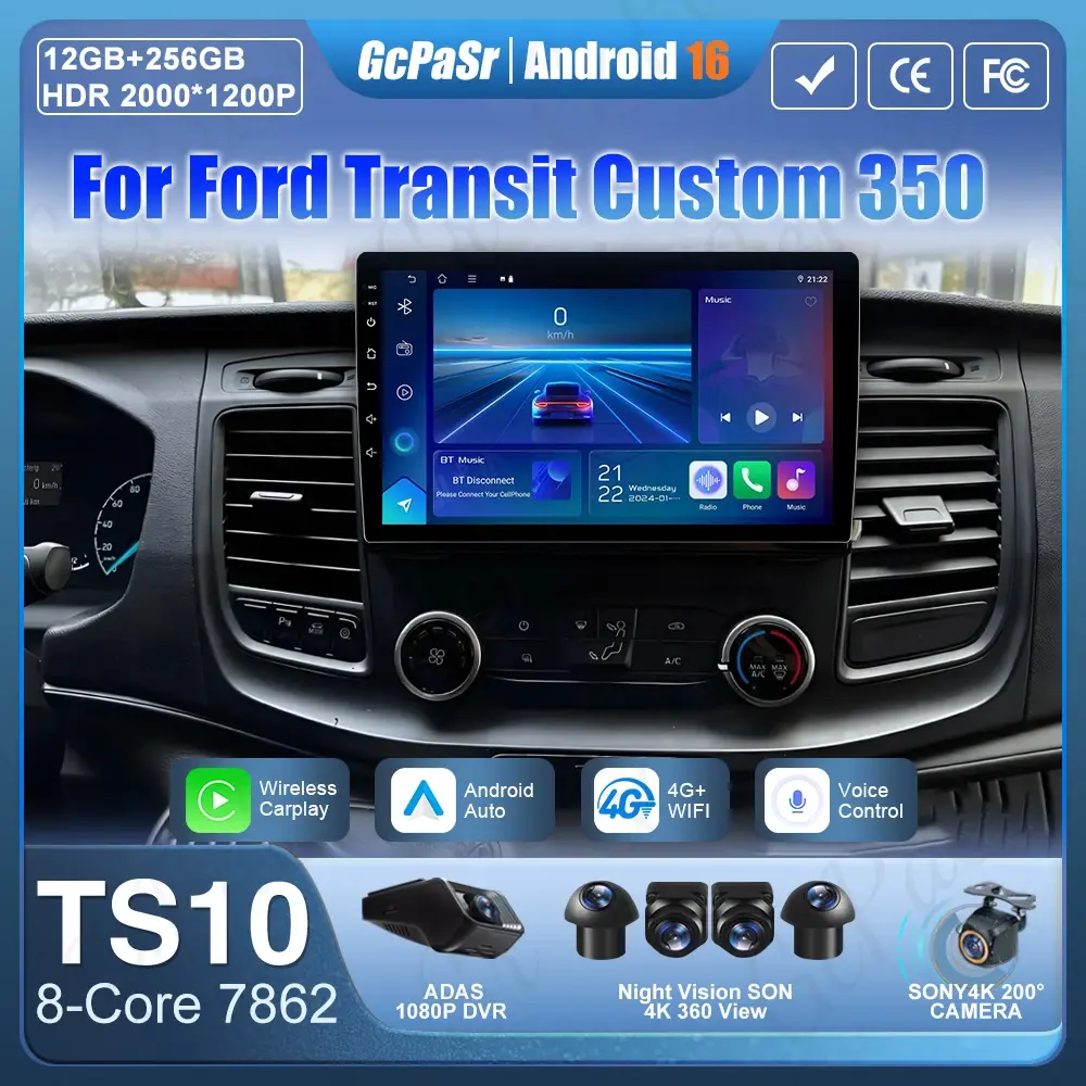 Rádio do carro de android 16 para ford transit personalizado trânsito v363 350 carplay reprodutor multimídia navegação gps 4g wifi vídeo estéreo 2din - 1