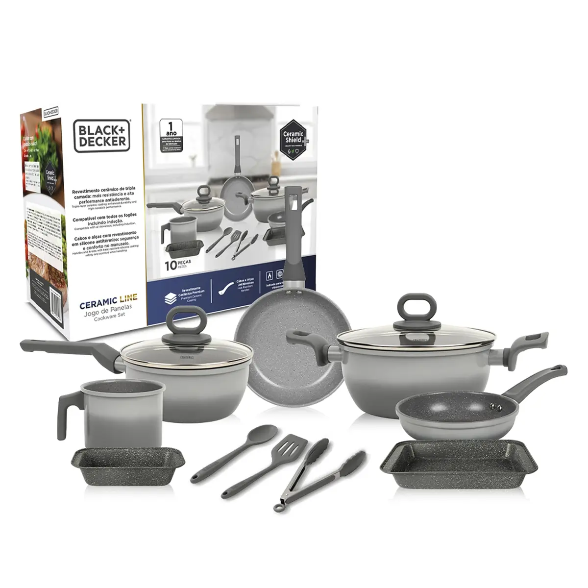 BLACK+DECKER JOGO DE PANELAS 10 PEÇAS CERAMIC LINE - CORPO COM REVESTIMENTO CERÂMICO ANTIADERENTE COM ACABAMENTO GREY GRADIENT, BASE COMPATÍVEL COM INDUÇÃO - 1