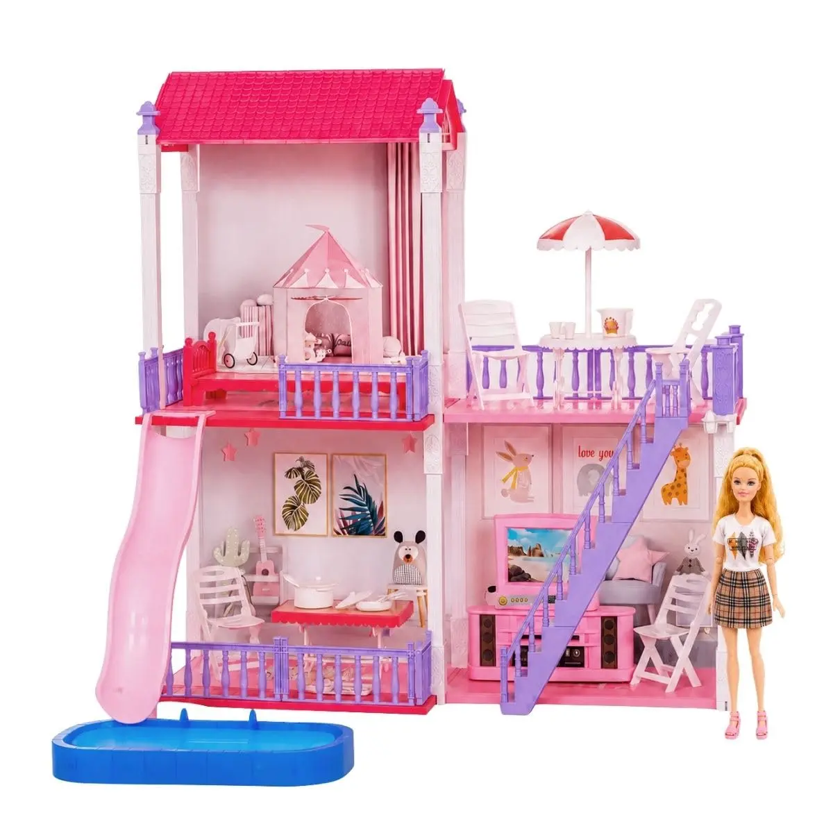 Casinha Boneca 2 e 3 Andadres Cômodos Piscina Escorregador Móveis Brinquedo Infantil Boneca 30cm Maxi Toys (Lily)