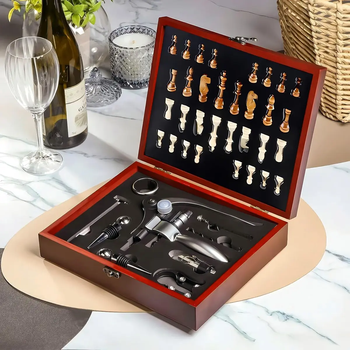 Kit Abridor Vinho com Jogo Xadrez 2 em 1 Abridor Garrafa Aço Inoxidável | Conjunto Xadrez Amantes Vinho Caixa com Tabuleiro Xadrez Peças 9 Pçs