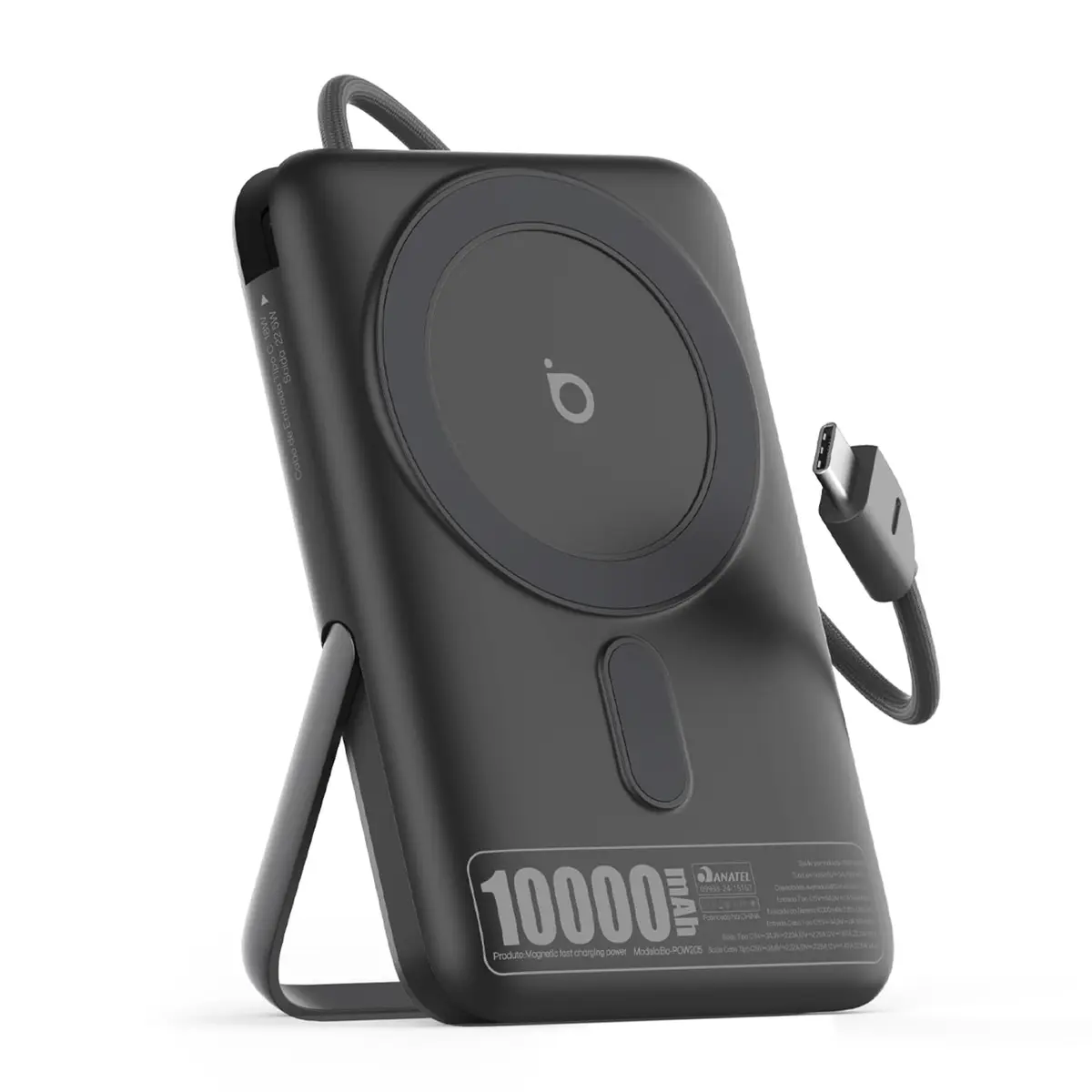 Basike Power Bank Indução 10000mAh, Carregador Portátil Indução 15W (Cinza) | Carregamento Rápido, Tipo-C(1 Porta + 1 Cabo Integrado até 22,5W, Entrada até 18W), Compatível com MagSafe, Suporte Dobrável