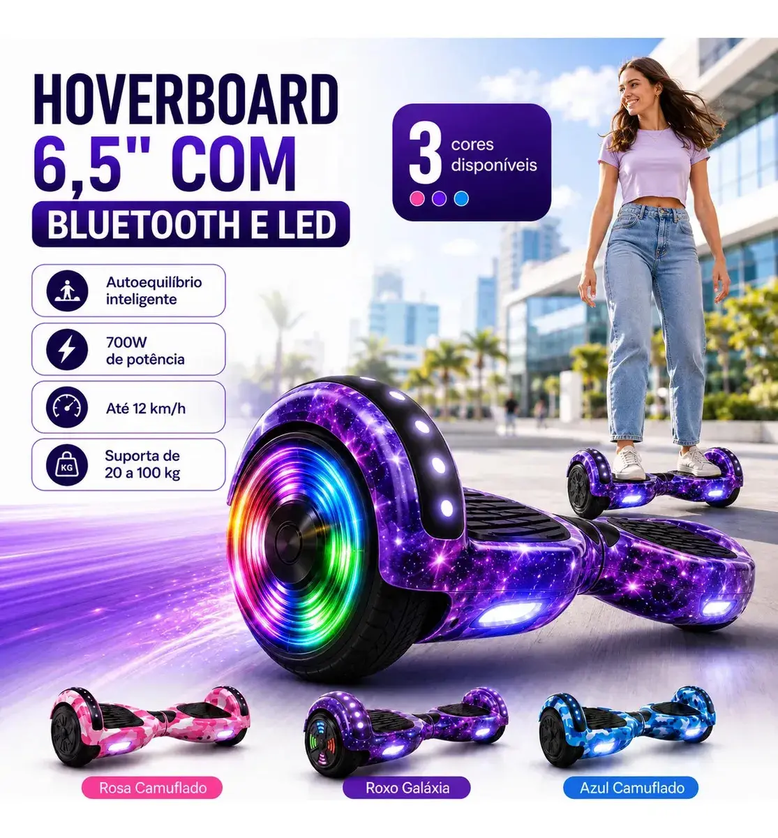 Hoverboard Skate Elétrico 6.5" Cybertruck Roxo Galáxia Com Bluetooth e Luzes LED - 1