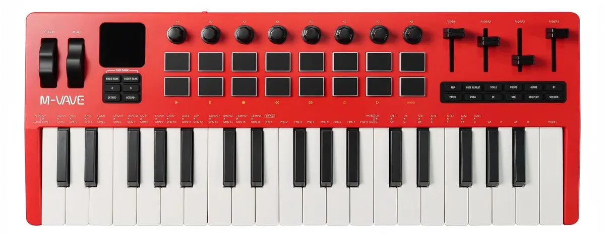 M-VAVE SMK-37 PRO Controlador MIDI Teclado 37 Teclas Sensíveis, 16 Pads RGB com Sensor de Força, Interface Áudio USB-C, Conexão Wireless, Bateria, Compatível com Gravadoras e Produção Musical