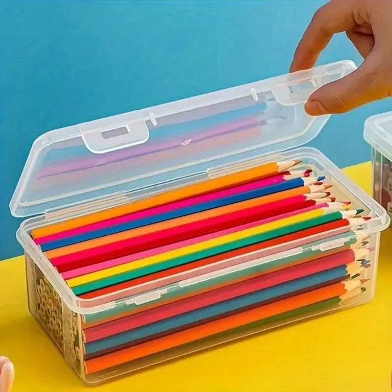 Caixa de lápis de plástico transparente grande, 2 peças, recipiente portátil para armazenamento de artigos de papelaria para lápis de cor escolares, pastéis a óleo - 1