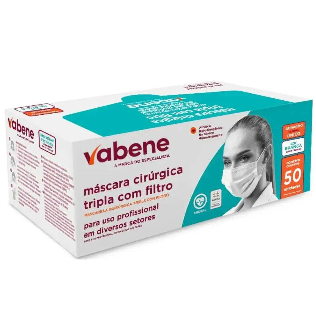 Máscara Descartável, Vabene, Tripla, Branca, Caixa com 50