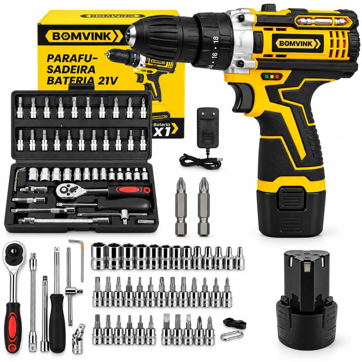 Furadeira e Parafusadeira Portátil Sem Fio a Bateria 21V + Kit Maleta com acessórios 24 peças - 110/220V