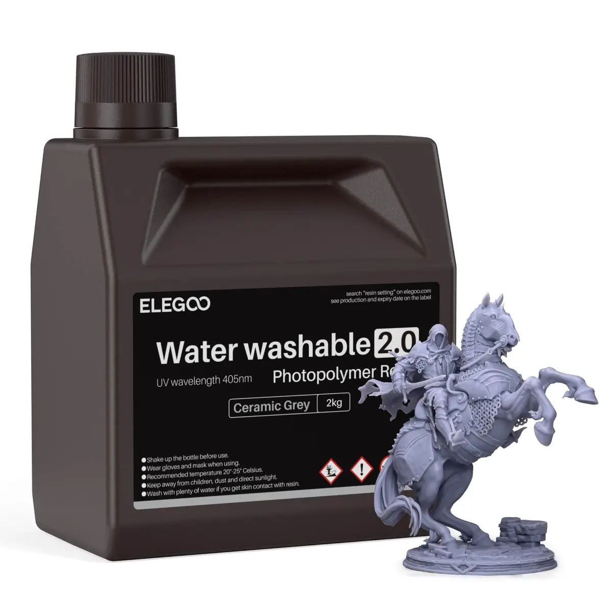 ELEGOO Resina lavável 2.0 para impressora 3D Cinza Cerâmica 2KG - Resina de fotopolímero padrão de cura UV 405nm para impressão 3D LCD/MSLA/DLP