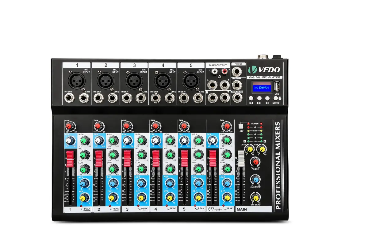 VDA107L Mixer de Áudio Profissional 7 Canais,Bluetooth 5.0, USB Phantom Power 48V Placa Som Digital com 6 Modos Efeito, Ideal para Shows ao Vivo Casamentos Podcasts Transmissões e Gravação em Estúdio - 1