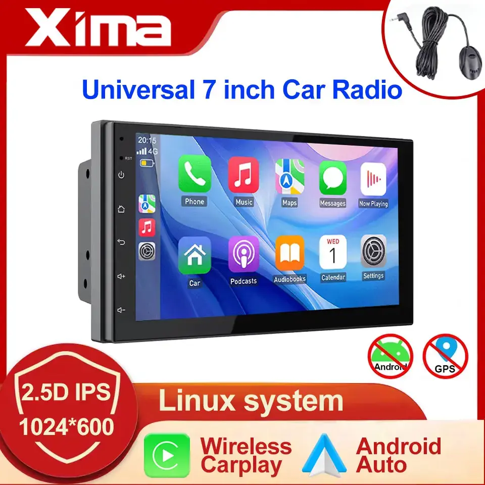 Rádio de Carro XIMA Universa 7 polegadas com Sistema Linux, CarPlay Sem Fio, Android Auto, Multimídia MP5, Vídeo 2din, Unidade Principal Universal para Carro - 1