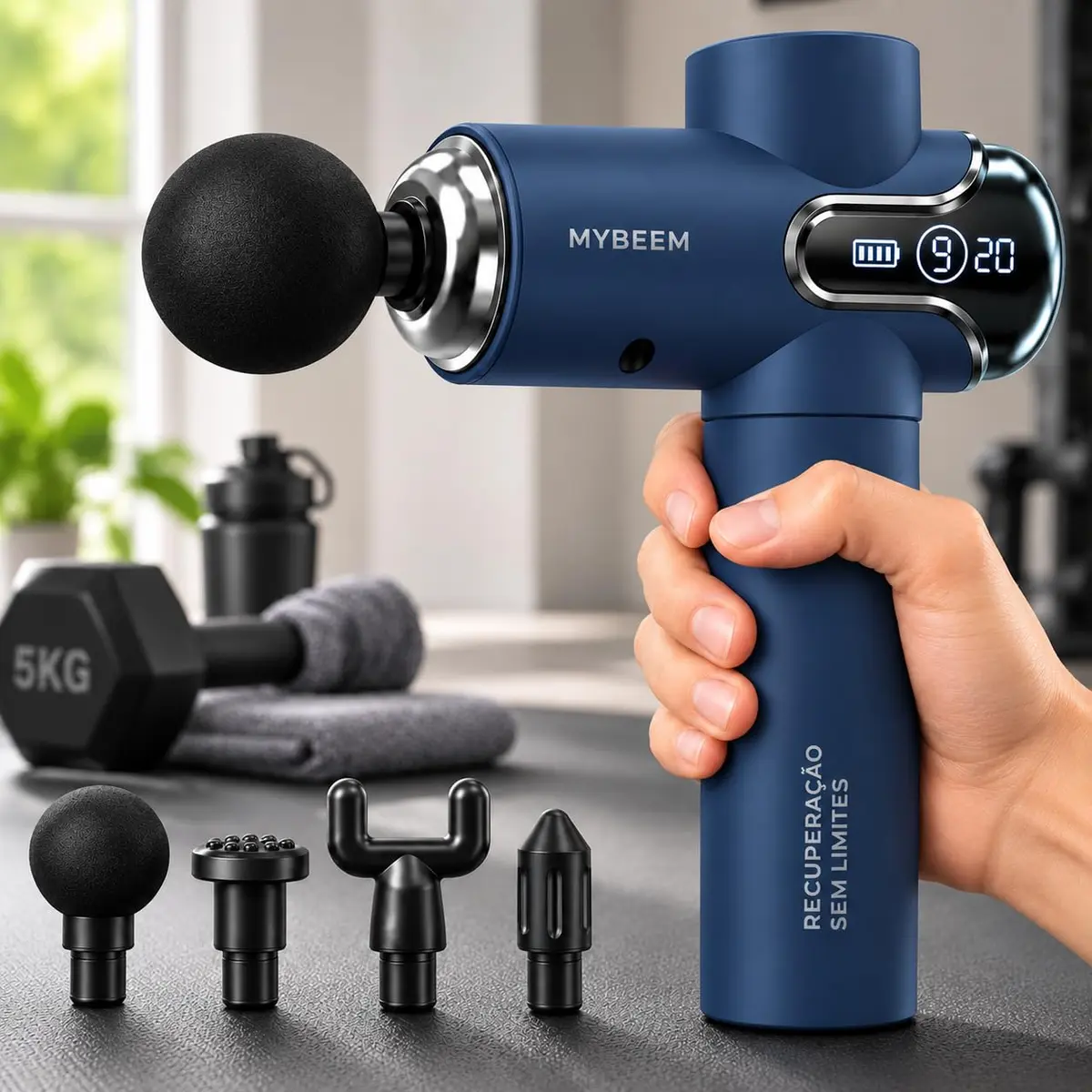 Pistola Massageadora Profissional 4000 RPM com 9 Níveis e Tela LCD | Massageador Muscular Portátil com 4 Cabeças de Massagem, Pistola de Massagem para Recuperação, Academia, Corrida Azul - 1