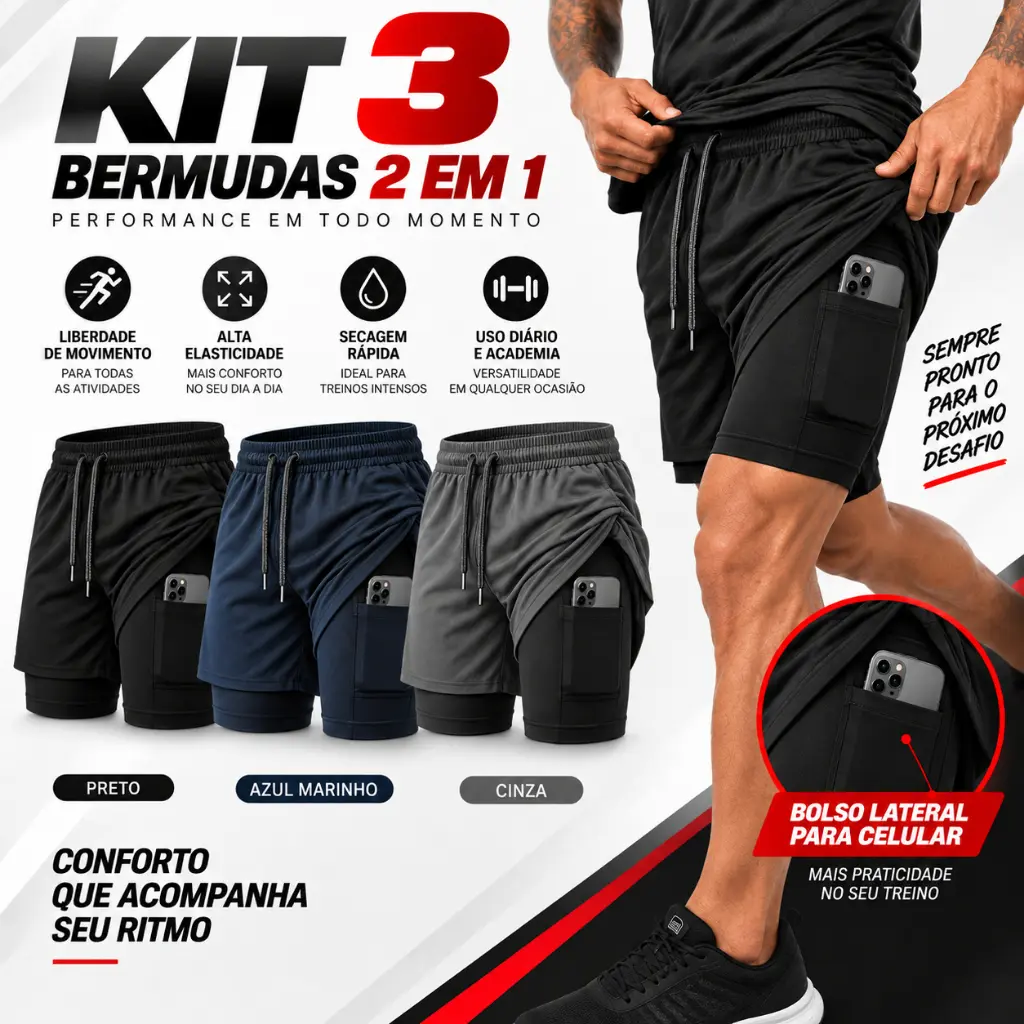 KIT 3 Bermuda Masculina 2 em 1 Treino Academia Dry Fit com Compressão - 1