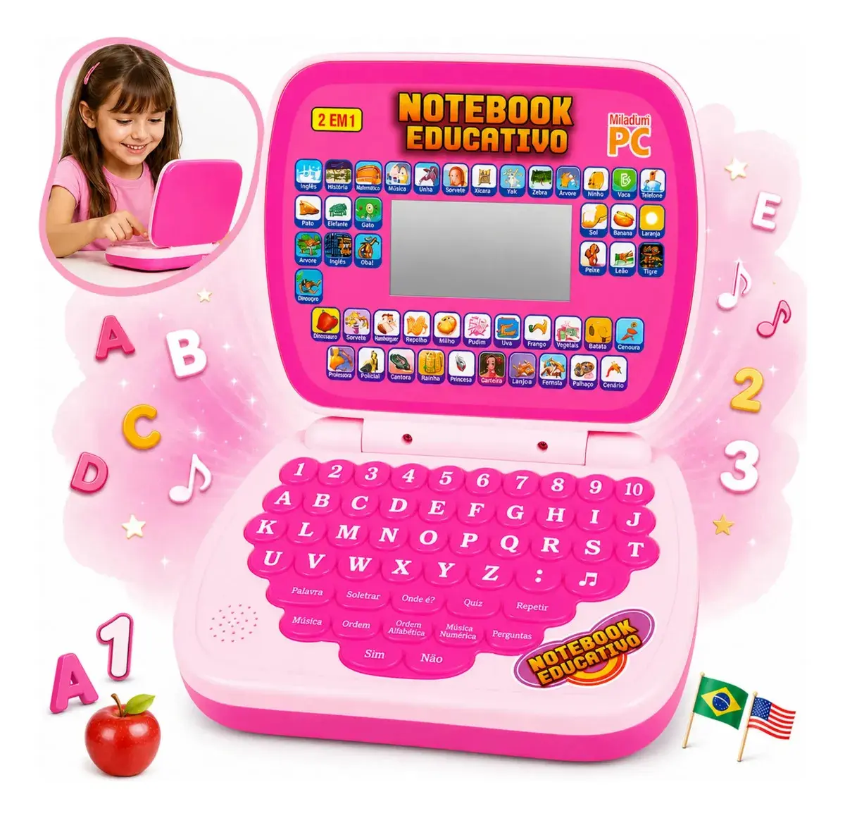 Laptop Notebook Infantil Educativo Menino Menina Estudo Bilingue Inglês Português Notebook Presente Kizumba Cor Rosa - 1