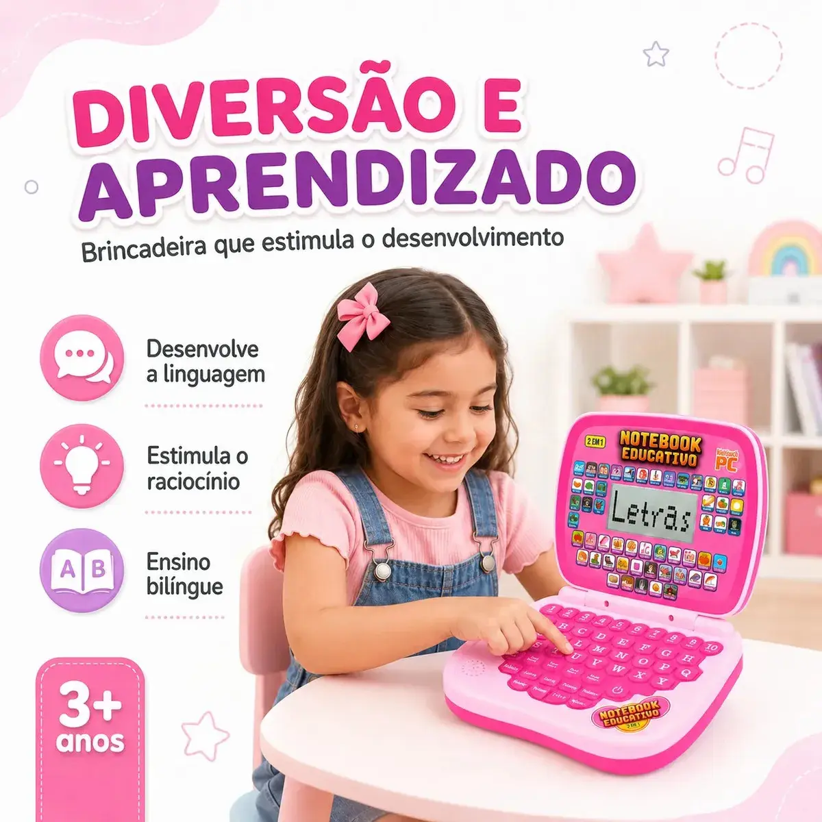 Laptop Notebook Infantil Educativo Menino Menina Estudo Bilingue Inglês Português Notebook Presente Kizumba Cor Rosa thumbnail 2