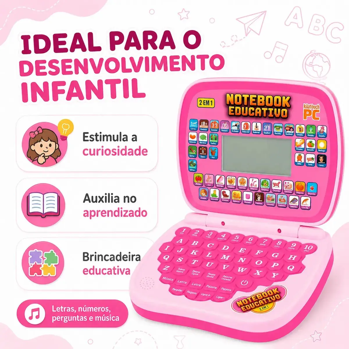 Laptop Notebook Infantil Educativo Menino Menina Estudo Bilingue Inglês Português Notebook Presente Kizumba Cor Rosa thumbnail 3