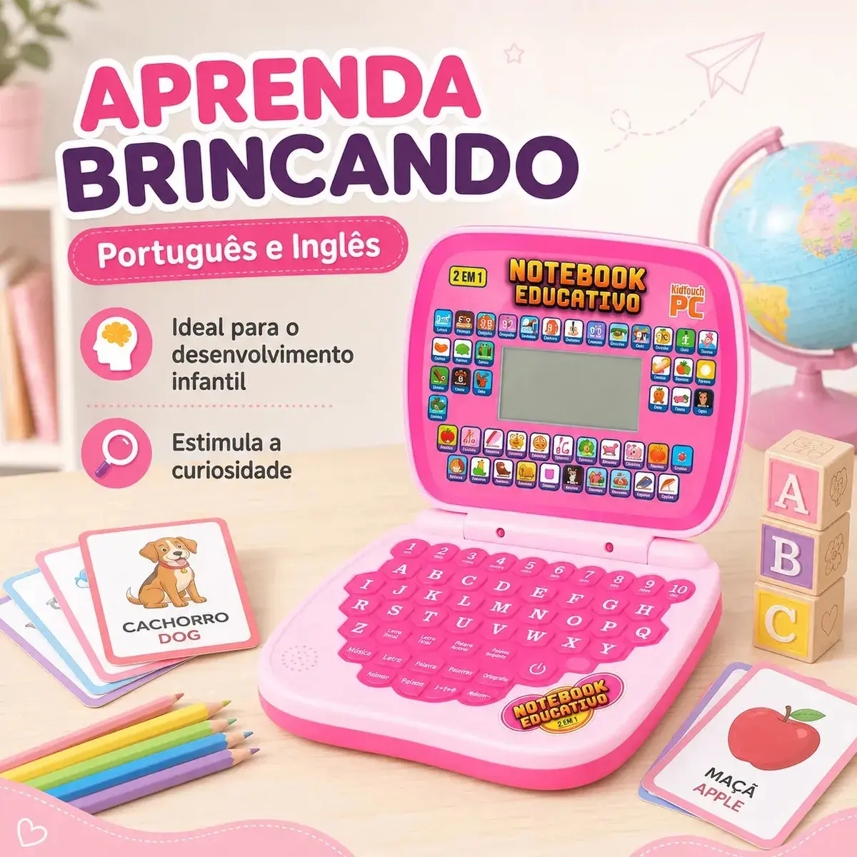 Laptop Notebook Infantil Educativo Menino Menina Estudo Bilingue Inglês Português Notebook Presente Kizumba Cor Rosa thumbnail 4