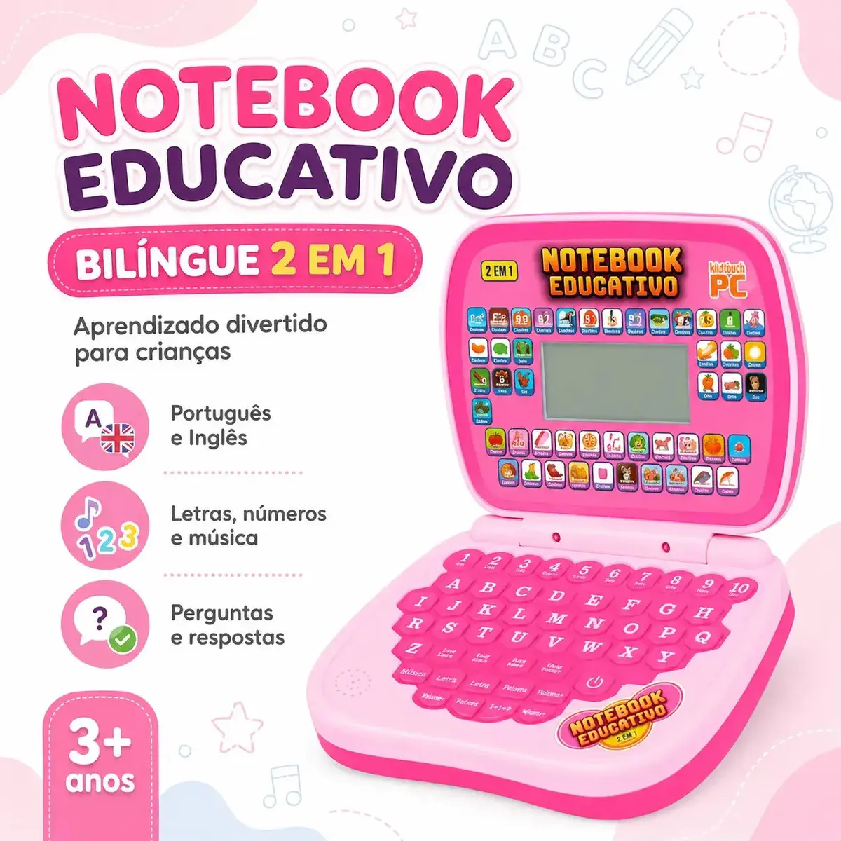 Laptop Notebook Infantil Educativo Menino Menina Estudo Bilingue Inglês Português Notebook Presente Kizumba Cor Rosa thumbnail 6
