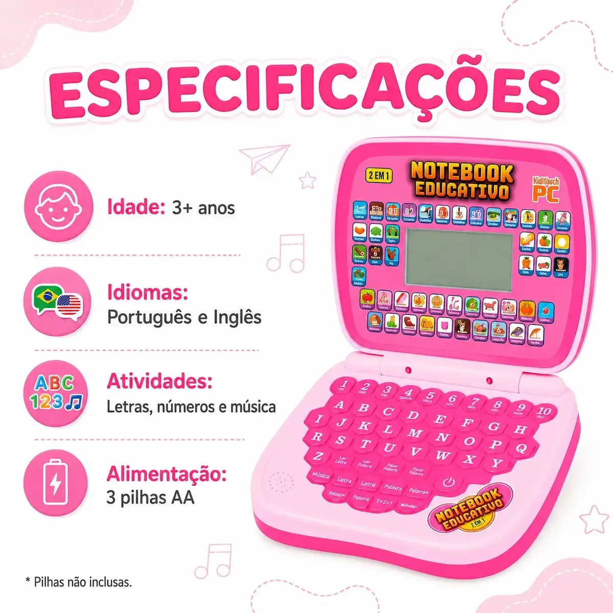 Laptop Notebook Infantil Educativo Menino Menina Estudo Bilingue Inglês Português Notebook Presente Kizumba Cor Rosa thumbnail 7