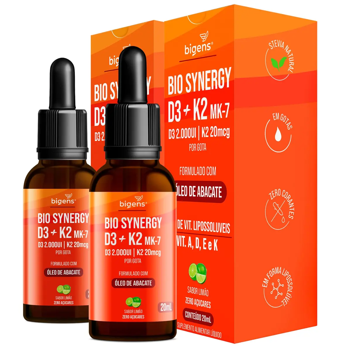 Bio Synergy, D3 2000ui + K2 Mk7 20mcg, vitamina A, D E e K, Sabor Limão, Kit 2x 20mL, Bigens