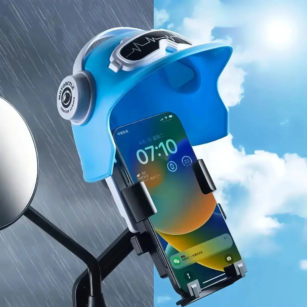 Suporte Celular Estilo Capacete Moto -proteção Solar E Chuva Cor Azul e Preto thumbnail 4