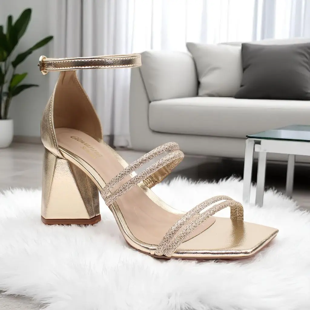 Sandalia Feminina Salto Bloco 8 Cm Tiras Strass Brilho Festa Confortavel Estilo Versatil 33 ao 43