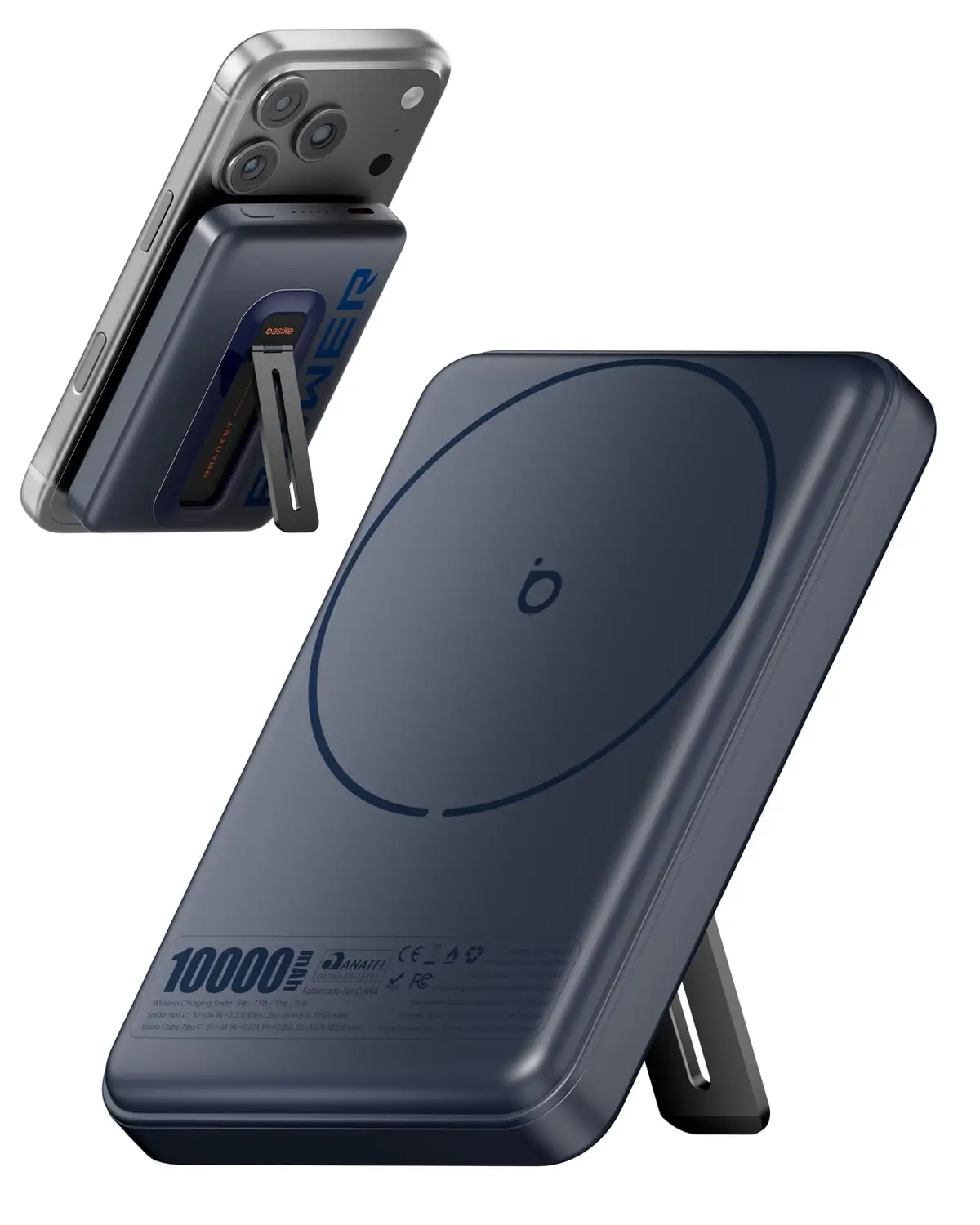 Power Bank 10000mAh Indução, Basike Carregador Portatil com Suporte(Azul) | Carregamento Sem Fio 15W(MAX) + Cabo Tipo C 22.5W(MAX)– Bateria Externa Integrado Universa Compatível com MagSafe - 1