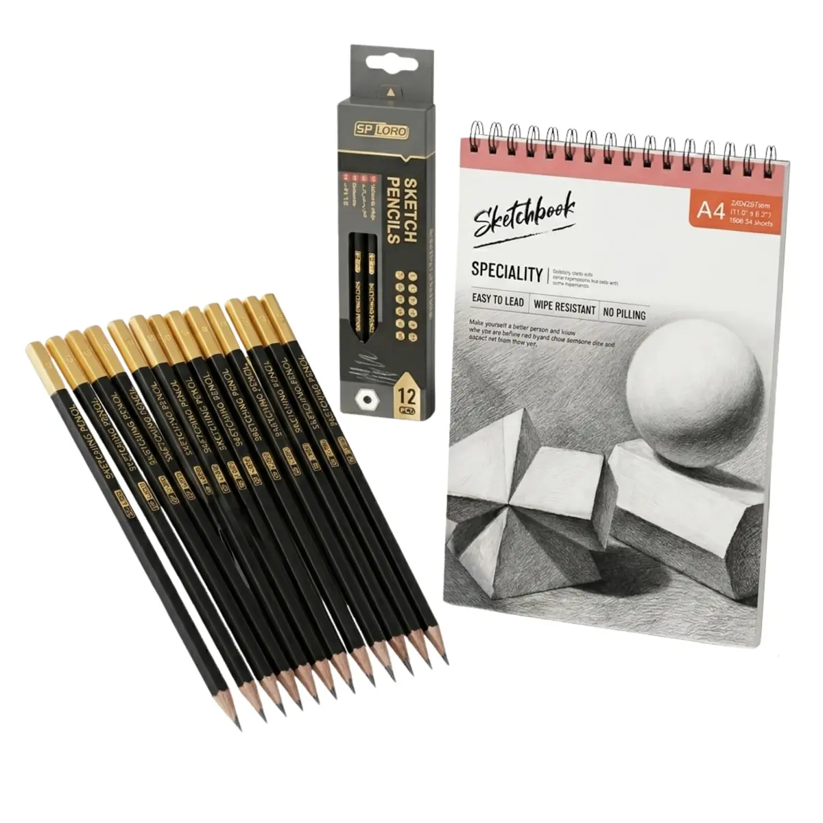 Kit de Desenho Profissional Sketchbook A4 para Esboço e 12 Lápis Graduados de 2H a 8B e F