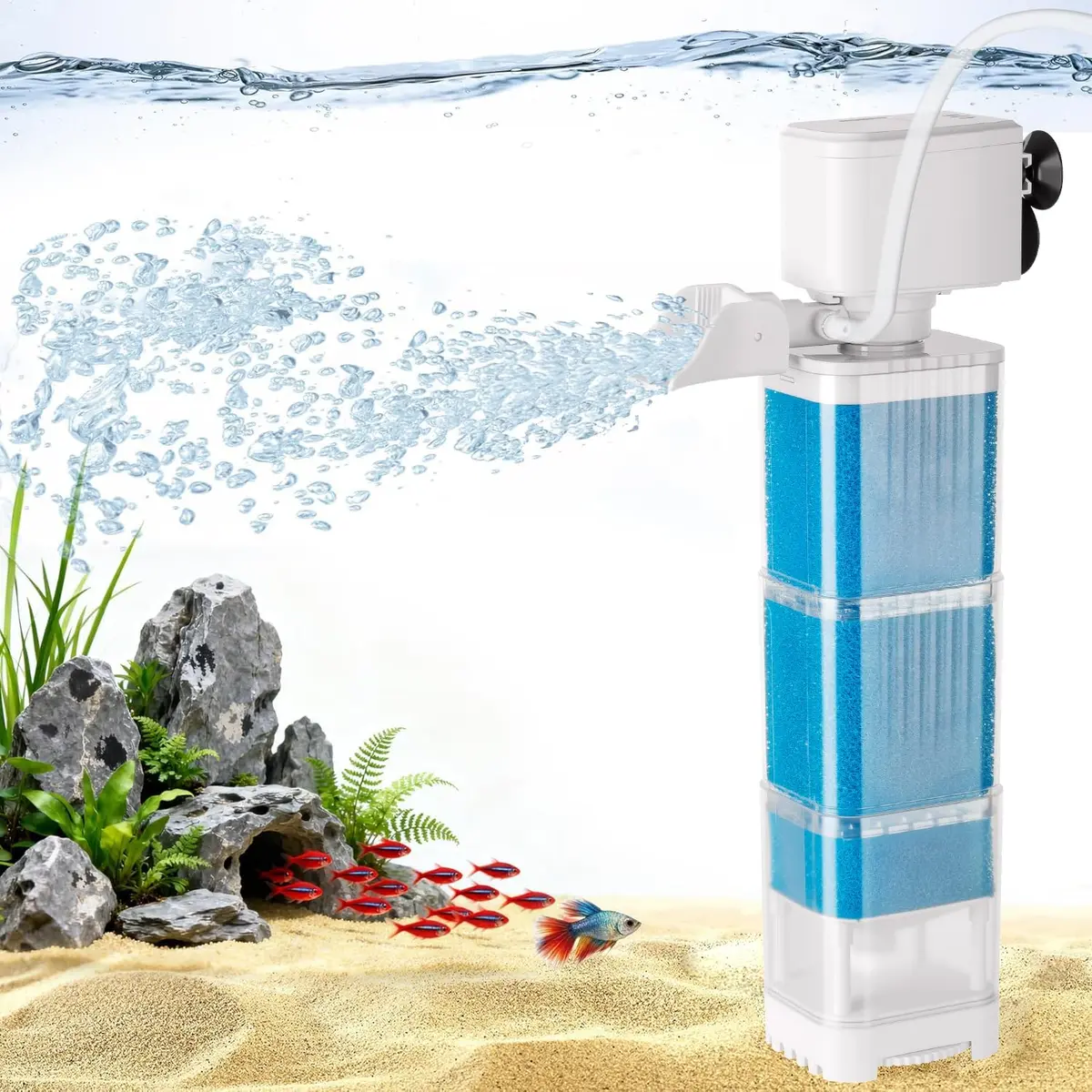 Filtro para Aquário Pequeno 25W 1200L/H Filtragem, Oxigenação, Bomba Geradora de Ondas com Função de Sucção de Resíduos para Aquários <35 cm - 1