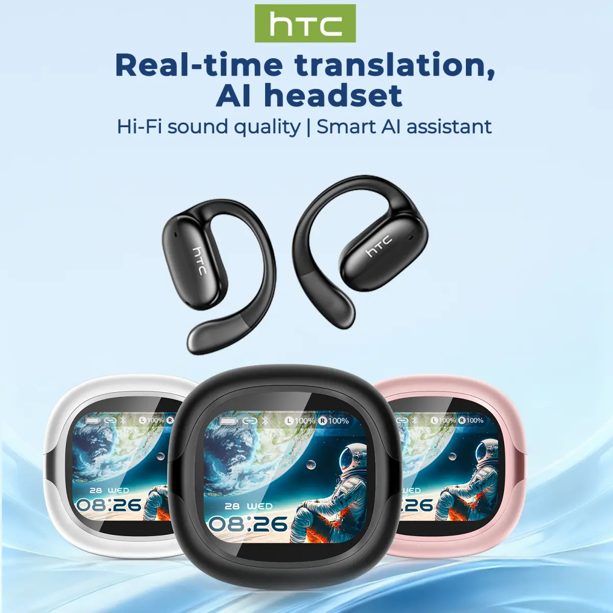 Fones de Ouvido Sem Fio HTC NE58 Bluetooth com Tela Touch LED, Tradução por IA, Som HiFi, Chamada HD e Condução Óssea