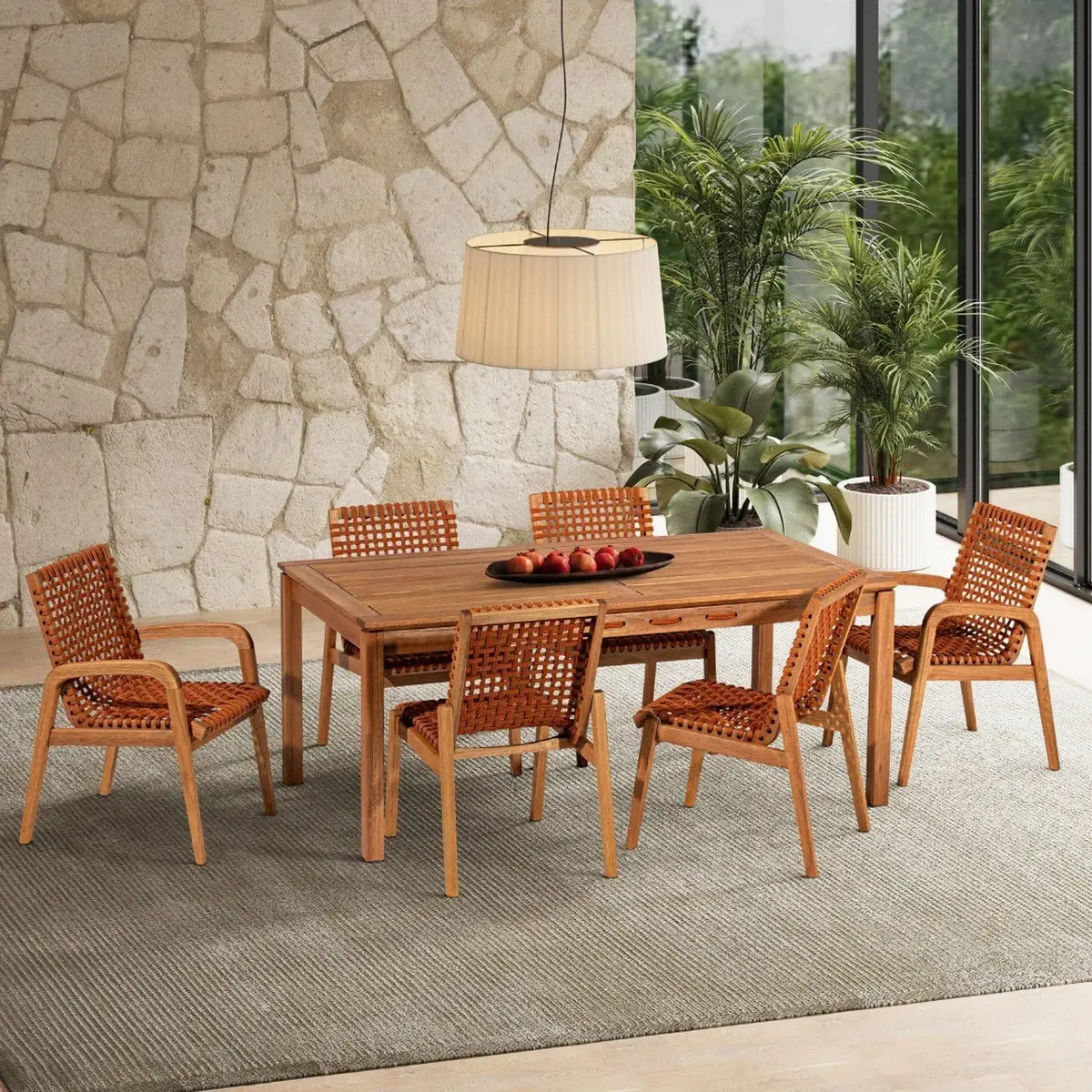 Conjunto 6 Cadeiras 1 Mesa 180cm - Varanda Coberta/área Gourmet Traço Stain Jatobá/Corda Ocre laranja