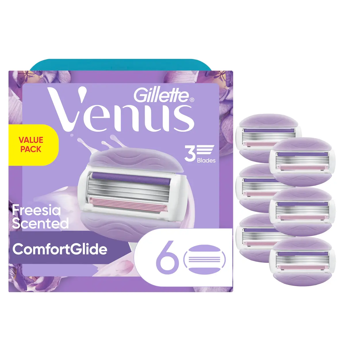 Gillette Venus Refil de lâmina de barbear feminina ComfortGlide, 6 unidades, barra de gel perfumada Freesia protege contra irritação da pele