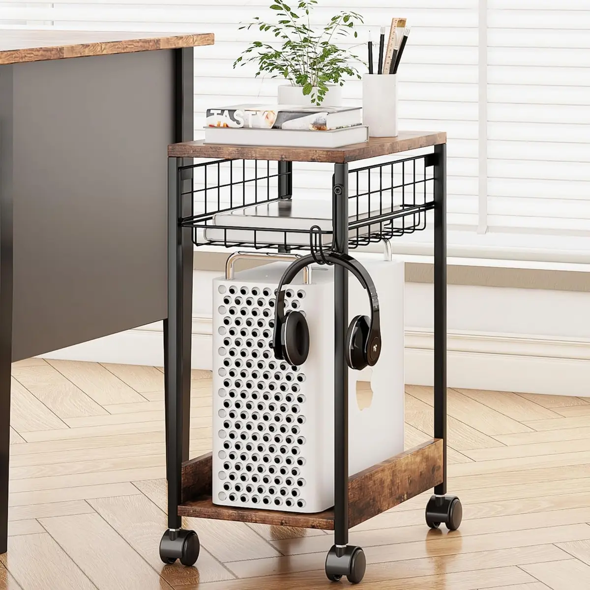 Suporte de Torre de Computador de 3 Níveis, Suporte de CPU Marrom com Rodas Giratórias, Móvel e Resistente para Escritório, Casa e Estúdio