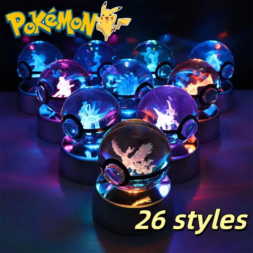 Pokemon 3d bola de cristal pikachu gengar eevee mewtwo anime jogo pokeball led night light base crianças presente aniversário decoração para casa