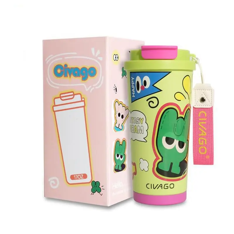 Copo Térmico Antivazamento Portátil 500ml em Aço Inoxidável 316, Estampa Cartoon, Revestimento Cerâmico, Tampa 2-em-1, Ideal para Uso Doméstico e Infantil, Mantém Quente 12h / Frio 24h(Verde Vibrante)