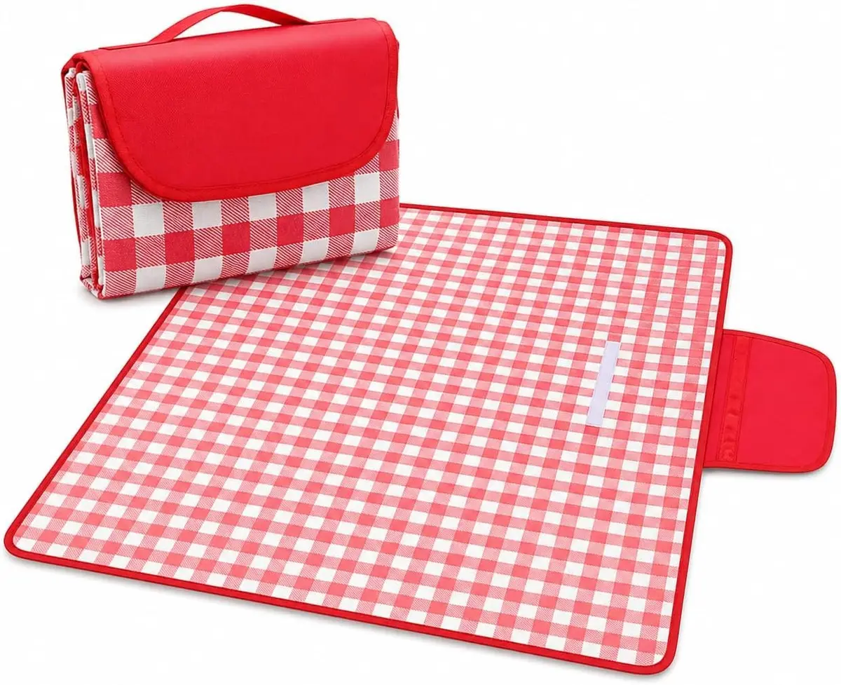 Tapete Piquenique Impermeável Dobrável Xadrez Vermelho 200x200cm | Com Alça para Transporte, Praia e Camping, Uso ao Ar Livre, Churrascos e Viagens, Dobrável