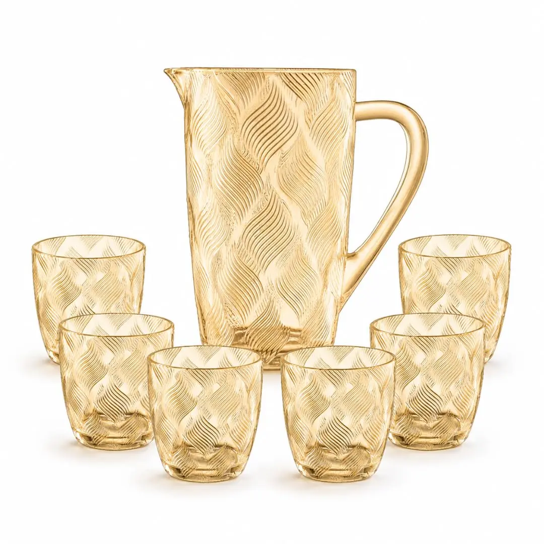 Kit Âmbar Jarra e 6 Copos de Vidro com Design Elegante e Sofisticado | 1 Jarra de 1,3 Litro, 6 Copos de 310 ml, Desenho Ondulado, Serve até 6 Pessoas, Mesa Posta e Recepções - 1