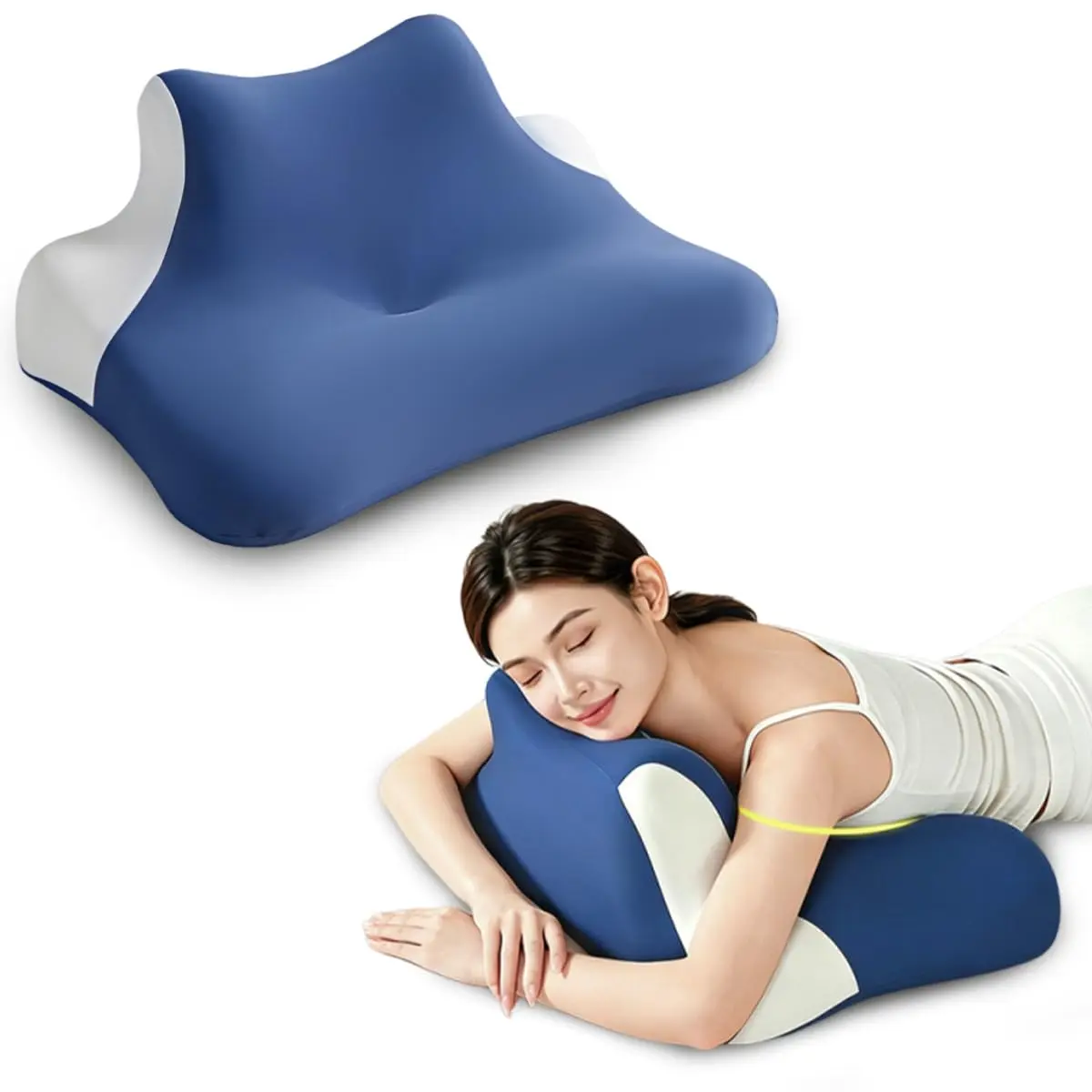 Travesseiro Ergonômico de Espuma Viscoelástica para Deitar de Rosto – Almofada Multifuncional para Dormir, Descansar e Apoiar a Cabeça com Capa Removível e Lavável (Azul escuro)